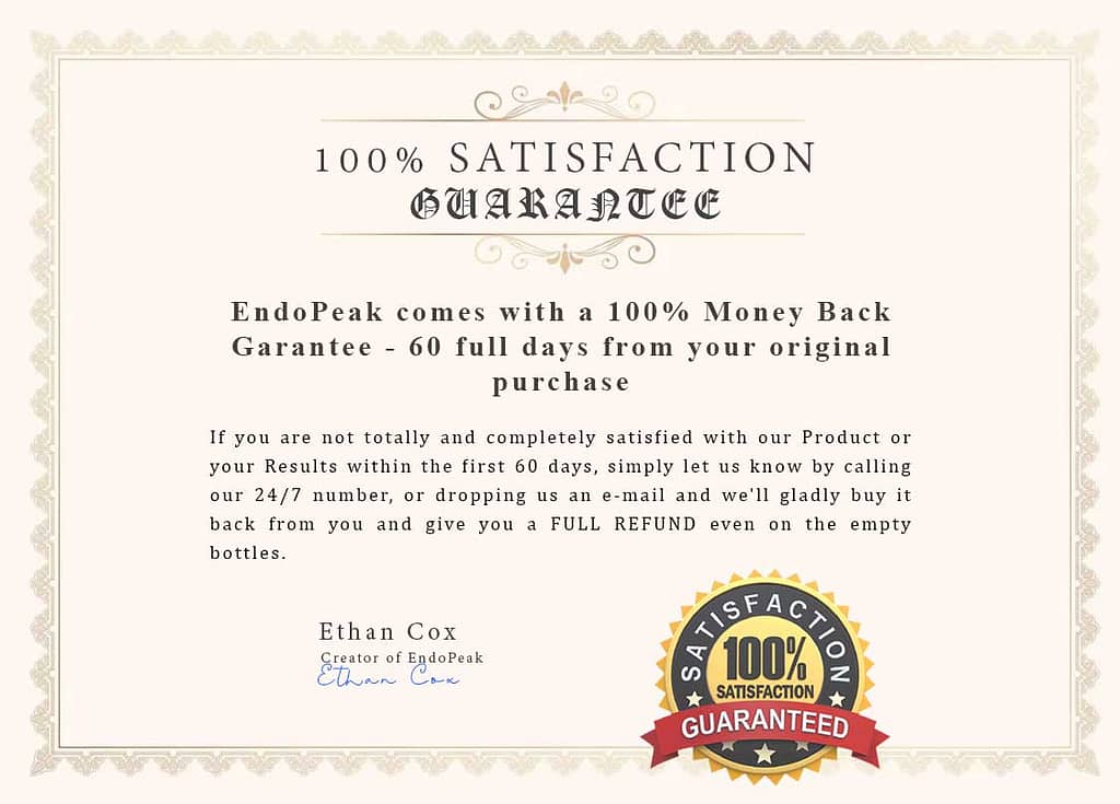 endopeak money back guarantee: endopeak comes with a 100 % money back guarantee - 60 full days from original purchase 